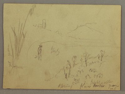 Tegning, skisser fra Italia: Bygging med et tårn, fjell og mann, 29. april 1869 av Frederic Edwin Church