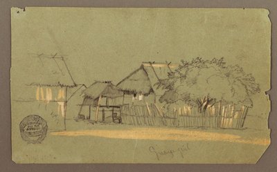 Tegning, gate med hus, Guayaquil, Ecuador, mai 1857 av Frederic Edwin Church