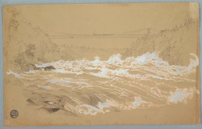 Tegning, The Gorge, Niagara, Ser mot hengebroen av Frederic Edwin Church