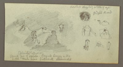 Tegning, to figurer og to kameler ved bål, figur- og kamelstudier, muligens 1868 av Frederic Edwin Church