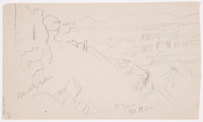 Tegning, utsikt over åsene og sletten mot fjellene, El Yemen-dalen, februar 1868 av Frederic Edwin Church