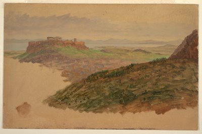 Tegning, utsikt over Akropolis fra Lykabettos-fjellet, Athen, april 1869 av Frederic Edwin Church