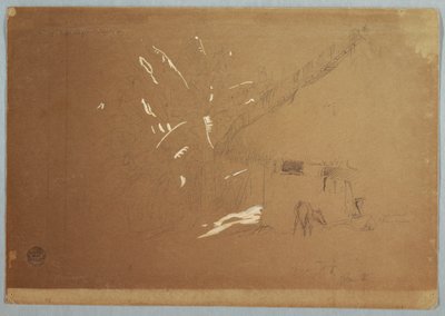 Sittende kvinne og beitende esel foran et hus nær Jorje, Ecuador av Frederic Edwin Church