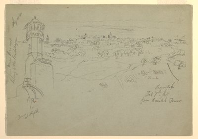 Utsikt over tårnet ved Lydda, Palestina [Ramleh, Israel] av Frederic Edwin Church