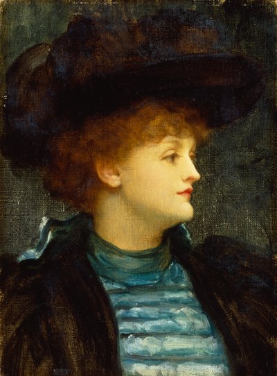 Portrett av kvinne i turkis kjole med svart frakk og hatt (olje på lerret) av Frederic Leighton