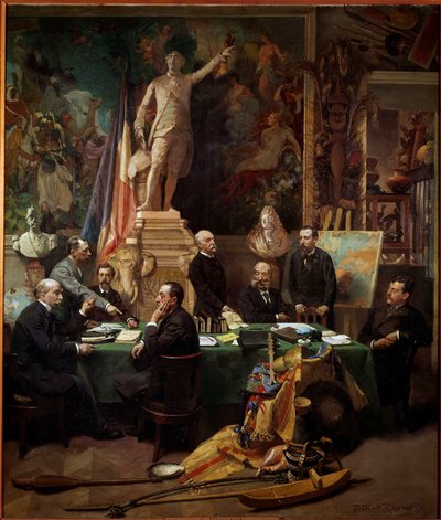 Delegatene for koloniene i november 1892 Fra venstre til høyre: Chesse (Tahiti), Mager (Diego Suares), Dussac (Nossy-Be), de Faymoreau (Mayotte), Jules Ferry (Annam og Tonkin), Soller (Fransk Guinee) , Cudenet (New Caledonia). Maleri av Frederic Regam av Frederic Regamey