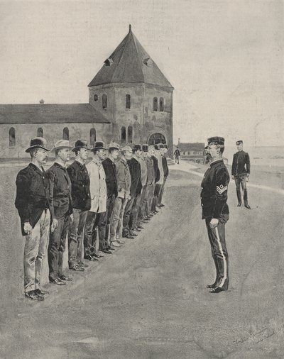 En første leksjon i krigens kunst. Rekrutter til de to ekstra artilleriregimentene ved Fort Slocum, Davids Island, Long Island Sound av Frederic Remington