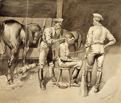A Haircut in a Cavalry Stall, ca. 1893 (wc på papir) av Frederic Remington