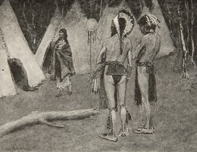 Og hennes elskere, de avviste,... Kjekke menn med maling og fjær, fra The Song of Hiawatha av Henry Wadsworth Longfellow (1807-82), pub. av George G. Harrap und Company Ltd., 1911 av Frederic Remington
