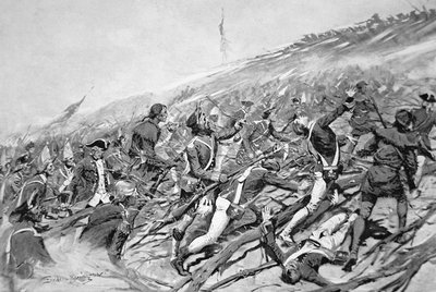 Britiske styrker forsøker å storme det franske fortet Ticonderoga i 1758 (litho) av Frederic Remington