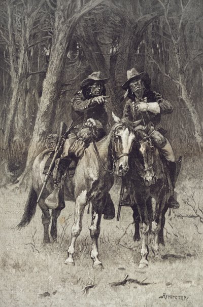 Cheyenne-speidere som patruljerer Big Timber of the North Canadian, Oklahoma, 6. april av Frederic Remington