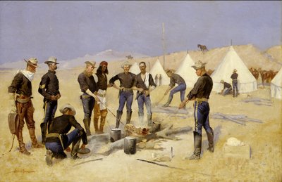Steking av julebiff i en kavalerileir, ca. 1892 av Frederic Remington