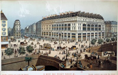 Utvendig utsikt over La Belle Jardiniere, rue du pont neuf i Paris på 1800-tallet. Gravering av Frederic Sorrieu (1807 -? ) av Frederic Sorrieu