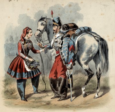 Den franske hæren og dens cantinieres: Hussard og cantiniere de troupe de line. Gravering av Frederic Sorrieu (1807 -? ) av Frederic Sorrieu
