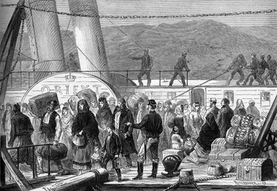 Østkrigen (1875-1878), også kjent som den russisk-tyrkiske krigen: På Donau, landing ved Baziarch til de flyktende jødiske familiene Rustchuck og Widdin i mai 1877 (gravering) av Frederic Theodore (after) Lix