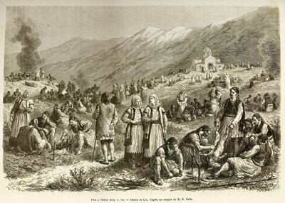 En fest i Theben, den for omsorgen til Jomfruen, som samler alle innbyggerne i byen og området rundt, hver familie raner en sau for anledningen, i forgrunnen forbereder menn beten før de tilbereder den. Gravering etter tegningen av Frederic Theodore Lix