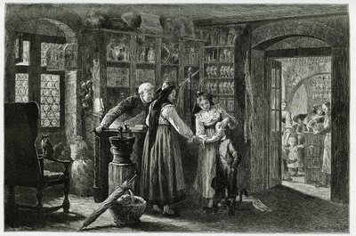 Hos apoteket i landsbyen Kaysersberg (eller Kaisersberg, Alsace), en nødkonsultasjon. Gravering av F.Lix, for å illustrere historien "Gjennom Alsace og Lorraine", i 1884, av Charles Grad (1842-1890), tysk stedfortreder, forfatter og naturforsker. Pub av Frederic Theodore Lix