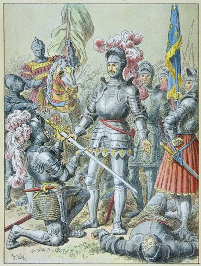 Slaget ved Pavia: Francois I, beseiret, overrakte talen sin til ridderen Charles de Lannoy i 1525 av Frederic Theodore Lix