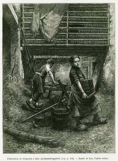 Barnearbeid i brikettering, Barr. Gravering av Lix, for å illustrere historien A Through Alsace and Lorraine, i 1887, av Charles Grad, tysk stedfortreder, i tour du monde 1888, regissert av Edouard Charton (1807-1890), Hachette, Paris. av Frederic Theodore Lix