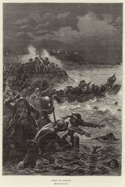 Combat de Quiberon. Tilhengere av Chouannerie og Vendee-opprøret som forsøkte å flykte fra republikanske styrker ved Quiberon, Frankrike, den franske revolusjonen av Frederic Theodore Lix