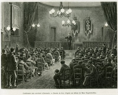 Konferanse til arbeiderne ved Dollfus Mieg-verkstedene, i Dornach. Gravering av Lix for å illustrere historien A Through Alsace and Lorraine, av Charles Grad, tysk deputert, i 1885, i tour du monde 1886, regissert av Edouard Charton (1807-1890), Hache av Frederic Theodore Lix