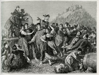 Fete des patres ved Hohneck (Vosges), søndag etter Saint John. Gravering av F.Lix, for å illustrere historien "Gjennom Alsace og Lorraine", i 1884, av Charles Grad (1842-1890), tysk stedfortreder, forfatter og naturforsker. Publisert i Le Tour du monde, no av Frederic Theodore Lix