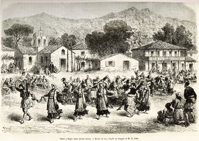 Folkedans på bygdeplassen Haggia Anna (St. Anne). Gravering etter tegningen av Lix, for å illustrere reisen i Hellas, av Henri Belle, i 1861-1868-1874, publisert i "" Le tour du monde""" 1876, redigert av Edouard Charton, Hachette-utgaven, Paris av Frederic Theodore Lix