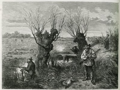 Jakt hare. Gravering av F.Lix, for å illustrere historien "Gjennom Alsace og Lorraine", i 1884, av Charles Grad av Frederic Theodore Lix