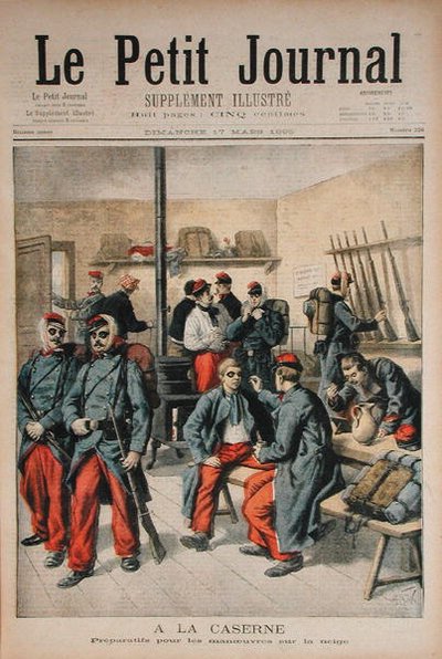 In the Barracks, Preparation for Maneuvers in the Snow, illustrasjon fra Le Petit Journal, 17. mars 1895 av Frederic Theodore Lix