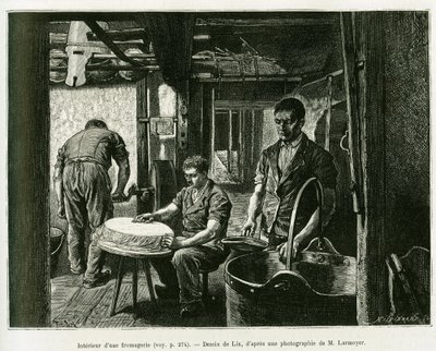 Inne i en ostefabrikk. Gravering av Lix, for å illustrere historien A Through Alsace and Lorraine, av Charles Grad, tysk deputert, i 1885, i tour du monde 1887, under ledelse av Edouard Charton (1807-1890), Hachette, Paris. av Frederic Theodore Lix