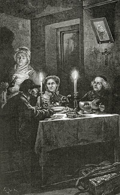 Jean Valjean blir mottatt og tatt vare på av biskop Myriel, 1800-tallet (bw-gravering) av Frederic Theodore Lix