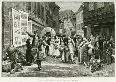 Klagesanger i gatene i Barr. Gravering av Lix, for å illustrere historien A Through Alsace and Lorraine, i 1887, av Charles Grad, tysk stedfortreder, i tour du monde 1888, regissert av Edouard Charton (1807-1890), Hachette, Paris. av Frederic Theodore Lix