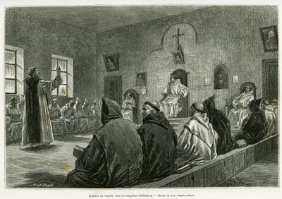 Møte for kapitlet blant trappistene i Oelenberg. Gravering av Lix for å illustrere historien A travers l