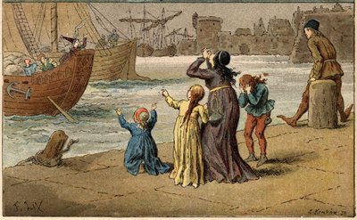 Populær sang: "A Nantes est arrive"". Barn sørger over havet sitt, tatt bort av en sjømann. Illustrasjon (detalj) av Frederic Theodore Lix (1830-1897) i "" Chansons et rounds enfantines des provinces de la France"" av Frederic Theodore Lix