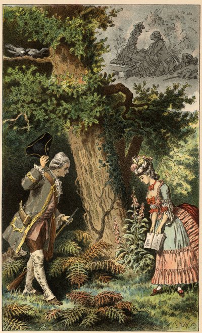 Populær sang: "La oss gå inn i denne sjarmerende lille skogen"". Illustrasjon av Frederic Theodore Lix (1830-1897) i "" Chansons et rounds enfantines des provinces de la France"" av Frederic Theodore Lix