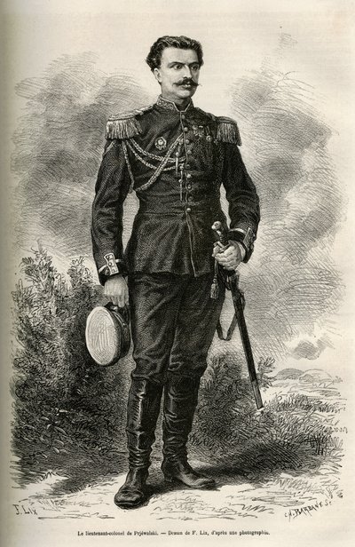 Portrett av den reisende og fortelleren oberstløytnant av Prjewalski, tegning av F.Lix for å illustrere reisen til Mongolia og Tangutenes land fra 1870 til 1873, av oberstløytnant av Prjewalski. Gravering i Le tour du monde av Frederic Theodore Lix