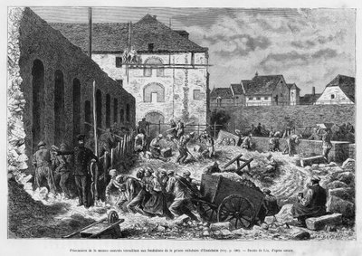 Fanger i sentralhuset som arbeider med grunnmuren til Ensisheim cellefengsel. Gravering av Lix for å illustrere historien A travers l