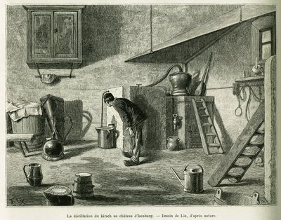 Destillasjonen av kirsch ved slottet Isenburg. Gravering av Lix, for å illustrere historien A Through Alsace and Lorraine, i 1887, av Charles Grad, tysk stedfortreder, i tour du monde 1888, regissert av Edouard Charton (1807-1890), Hachette, Paris. av Frederic Theodore Lix