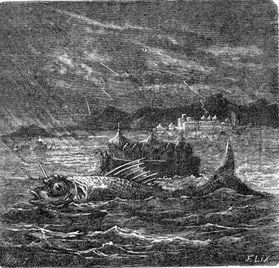 Den gigantiske fisken til den universelle flommen ifølge hinduene. av Frederic Theodore Lix
