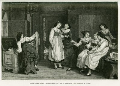 Den gamle Alsace-drakten. Gravering av Lix, etter et maleri Present de Noces av Pabst, for å illustrere historien A Through Alsace and Lorraine, av Charles Grad, tysk deputert, i 1885, i tour du monde 1887, under ledelse av Edouard Charton (1807) av Frederic Theodore Lix