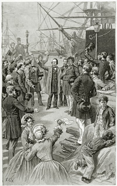 Victor Hugo hyller en universell republikk under en tale mens han var i eksil 1. august 1852, 1800-tallet (bw-gravering) av Frederic Theodore Lix
