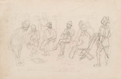 "Møtet mellom Cavagnari og Khan of Lalpura ved Dakka i februar 1879" (blyant) av Frederic Villiers