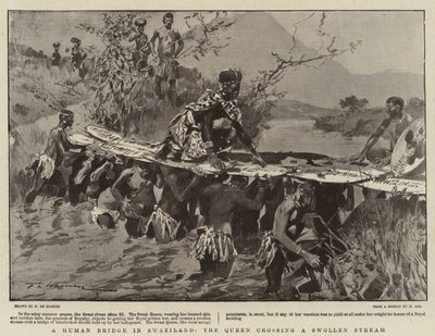 En menneskelig bro i Swaziland, dronningen krysser en hoven strøm av Frederic de Haenen