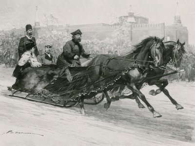 En slede med blått silkenett, for å forhindre at snøen sprøyter beboerne, Kreml i bakgrunnen av Frederic de Haenen