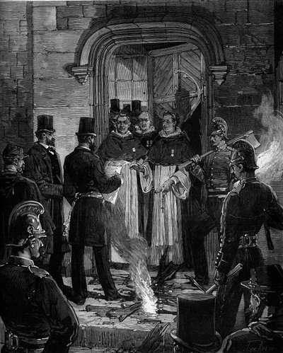 Utvisning av dominikanere fra Rue de Jean de Beauvais i Paris etter dekretene fra mars 1880 tatt av Jules Ferry og fjerning av retten til å undervise medlemmer av uautoriserte religiøse kongregasjoner: lesing av meldingen om dekreter til R.P. Merci av Frederic de Haenen