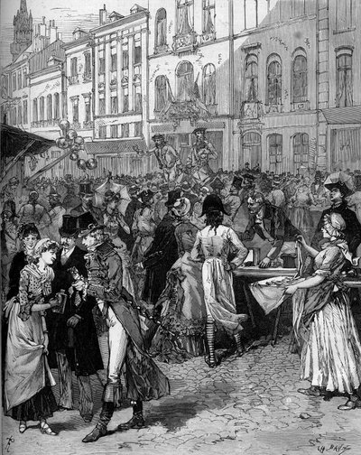 Historisk feiring av markeringen av beleiringen av Lille i 1792: Braderie Watteau (stor messe) i gatene i byen med de fasjonable innbyggerne på 1700-tallet. Gravering av De Haenen i "" Le Monde Illustré"" n°1334 av 21. okt. av Frederic de Haenen