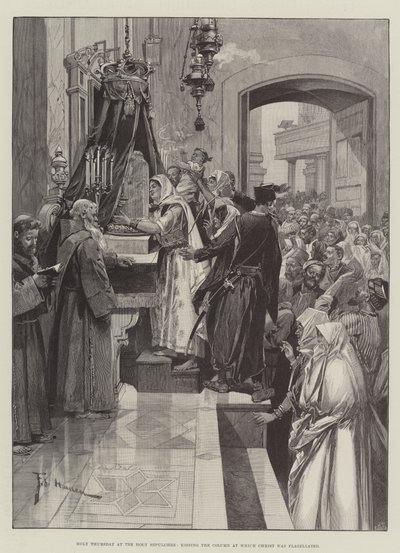 Hellig torsdag ved Den hellige grav, og kysset søylen der Kristus ble flagget av Frederic de Haenen