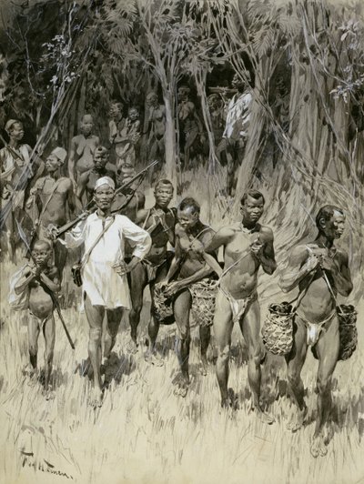 "Hvordan den hvite mannen handler i Kongo-staten: bringe inn gummi og gisler" (monokrom vask på kort) av Frederic de Haenen