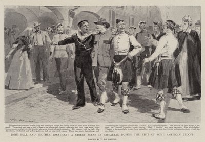 John Bull og bror Jonathan, en gatescene i Gibraltar under besøket av noen amerikanske tropper av Frederic de Haenen