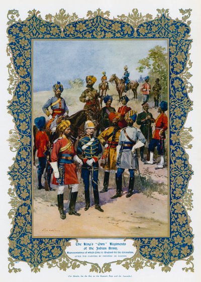 Kong George Vs "egne" regimenter av den indiske hæren (farge litho) av Frederic de Haenen
